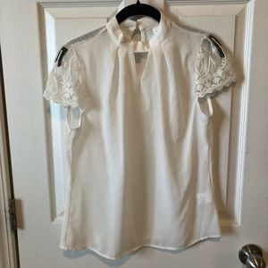 White collared, pleated, lace sleeve top